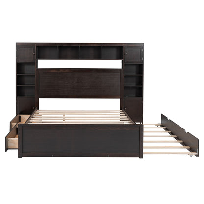 Queen Size Wooden Bed With All-in-One Cabinet, Shelf and Sockets,Twin XL Trundle,Espresso image 7