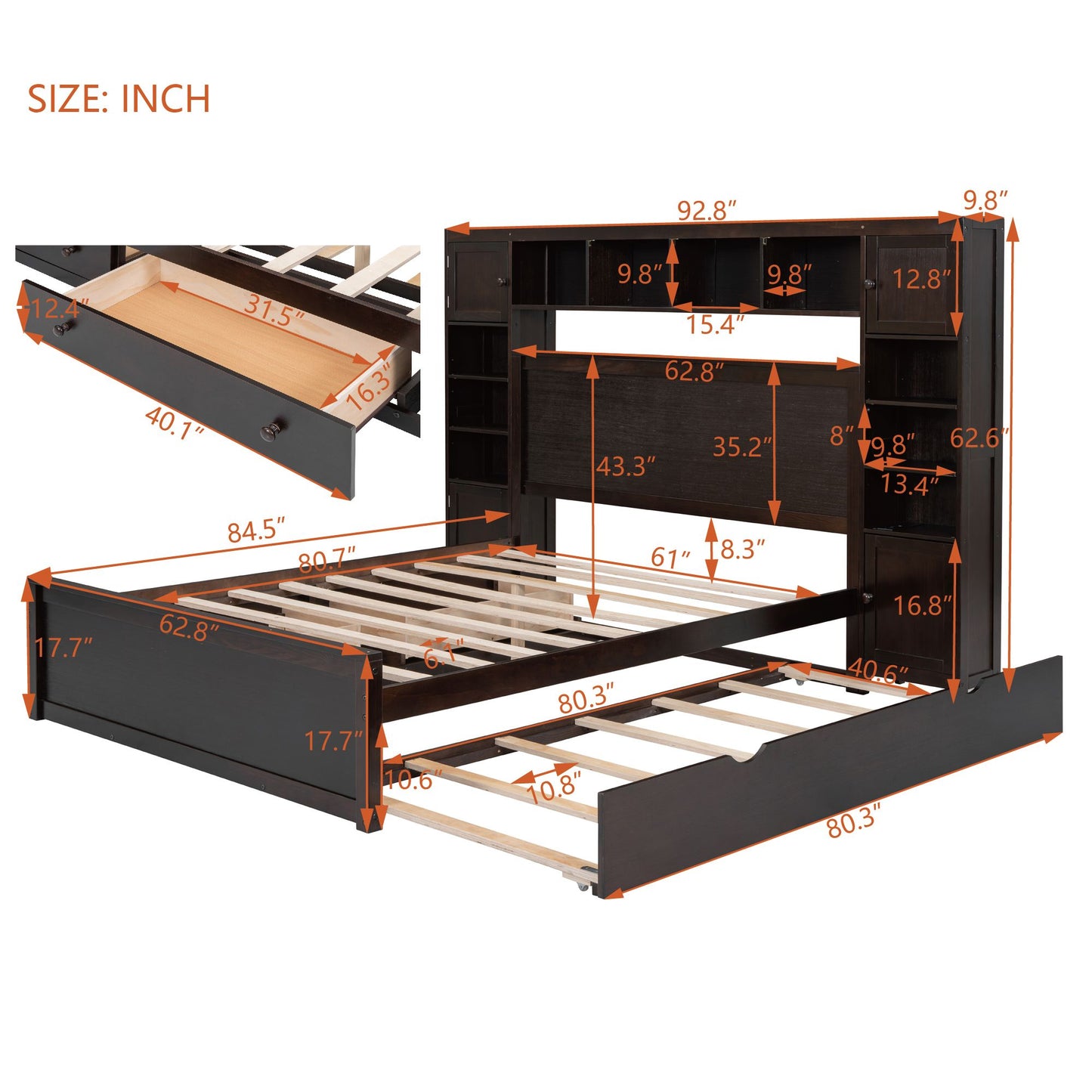 Queen Size Wooden Bed With All-in-One Cabinet, Shelf and Sockets,Twin XL Trundle,Espresso image 10