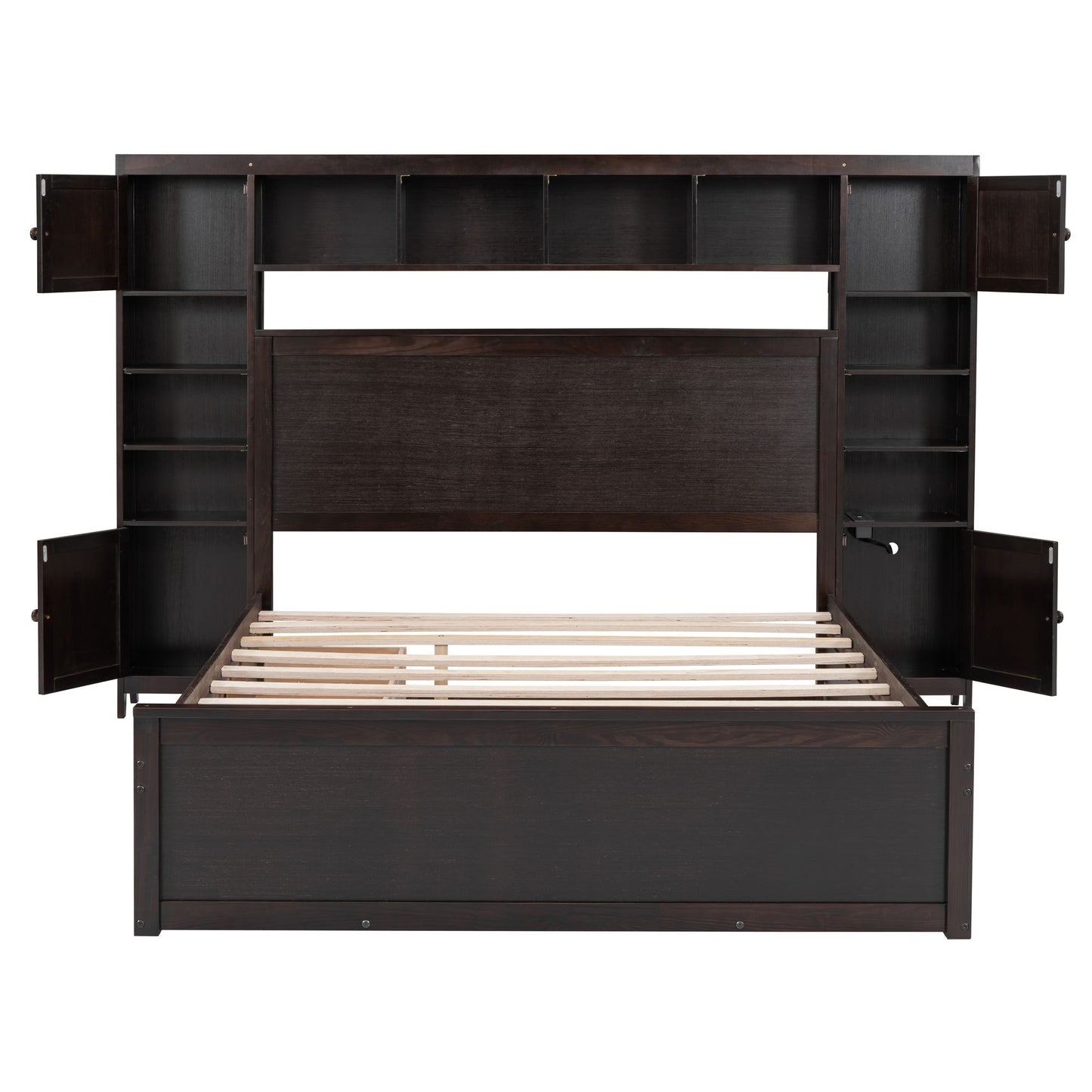 Queen Size Wooden Bed With All-in-One Cabinet, Shelf and Sockets,Twin XL Trundle,Espresso image 6