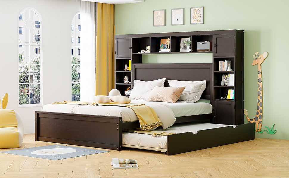 Queen Size Wooden Bed With All-in-One Cabinet, Shelf and Sockets,Twin XL Trundle,Espresso image 16