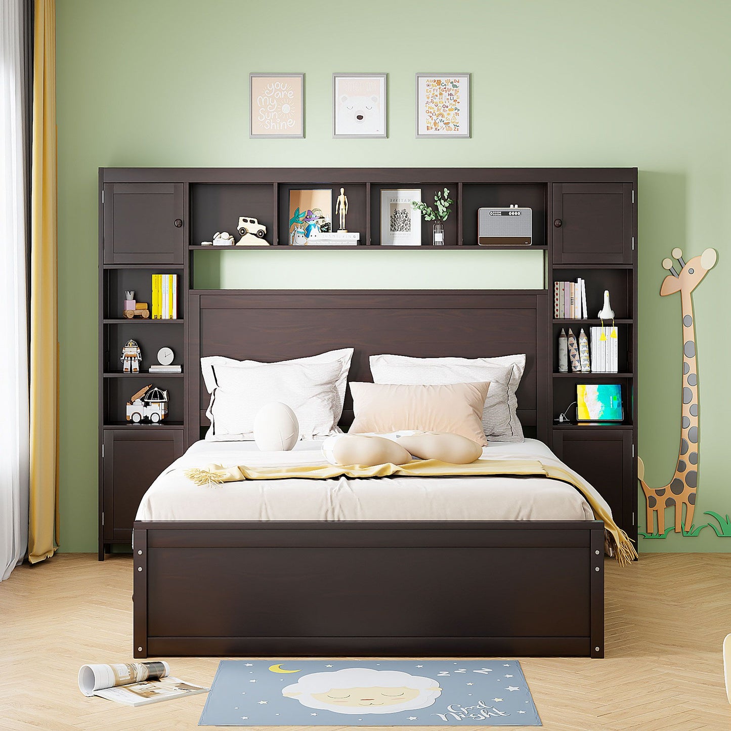 Queen Size Wooden Bed With All-in-One Cabinet, Shelf and Sockets,Twin XL Trundle,Espresso image 2