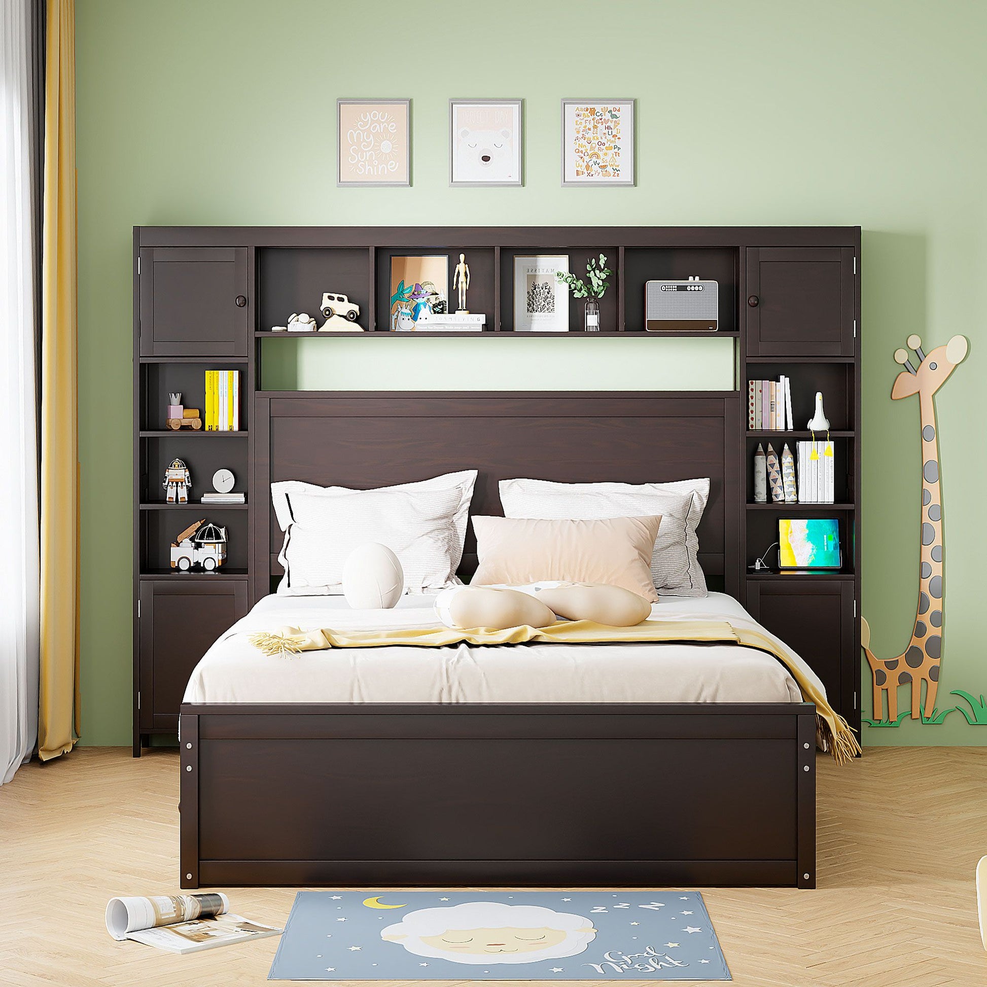 Queen Size Wooden Bed With All-in-One Cabinet, Shelf and Sockets,Twin XL Trundle,Espresso image 2
