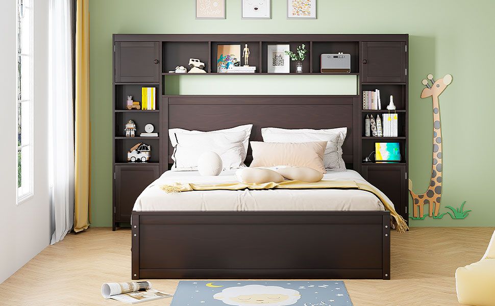 Queen Size Wooden Bed With All-in-One Cabinet, Shelf and Sockets,Twin XL Trundle,Espresso image 15