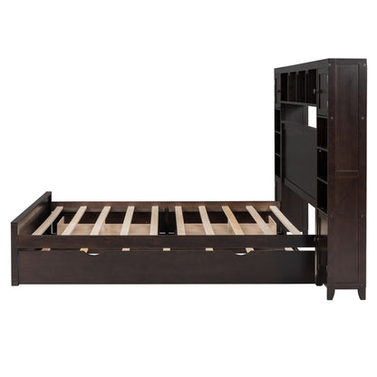Queen Size Wooden Bed With All-in-One Cabinet, Shelf and Sockets,Twin XL Trundle,Espresso image 9