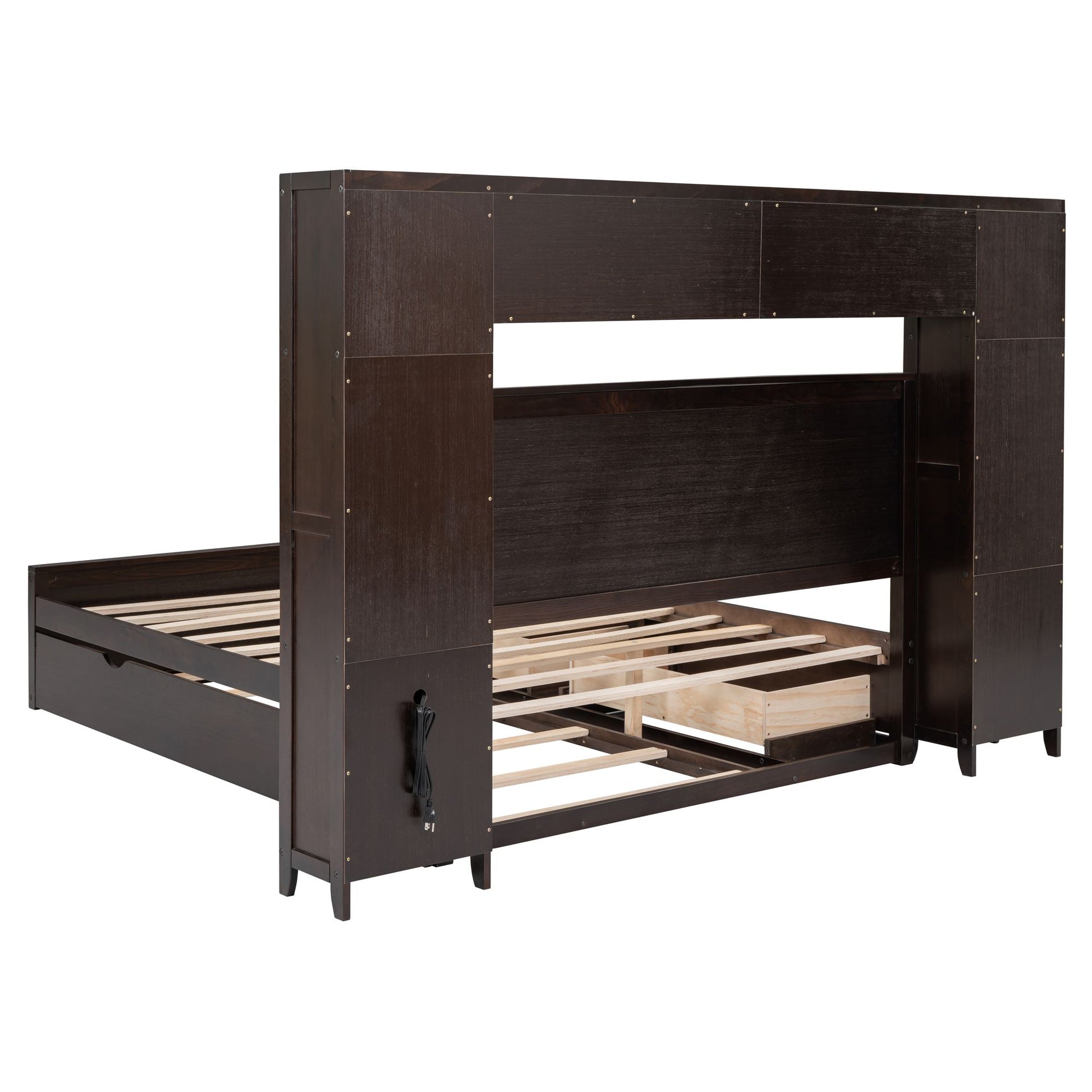 Queen Size Wooden Bed With All-in-One Cabinet, Shelf and Sockets,Twin XL Trundle,Espresso image 11