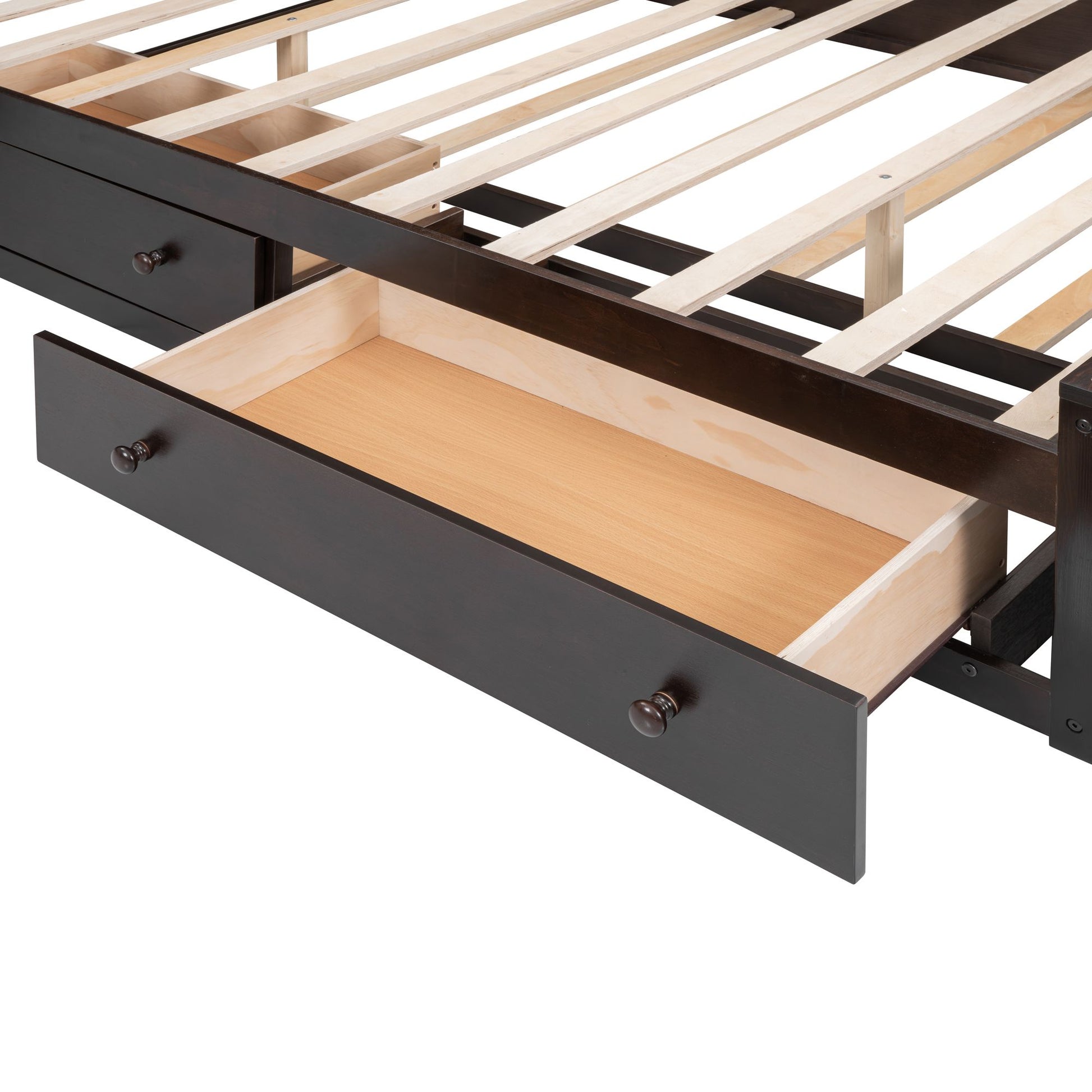 Queen Size Wooden Bed With All-in-One Cabinet, Shelf and Sockets,Twin XL Trundle,Espresso image 3