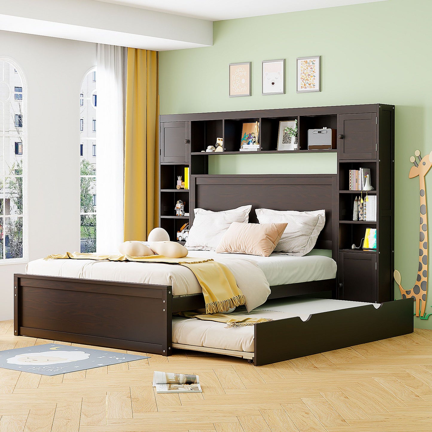 Queen Size Wooden Bed With All-in-One Cabinet, Shelf and Sockets,Twin XL Trundle,Espresso image 1