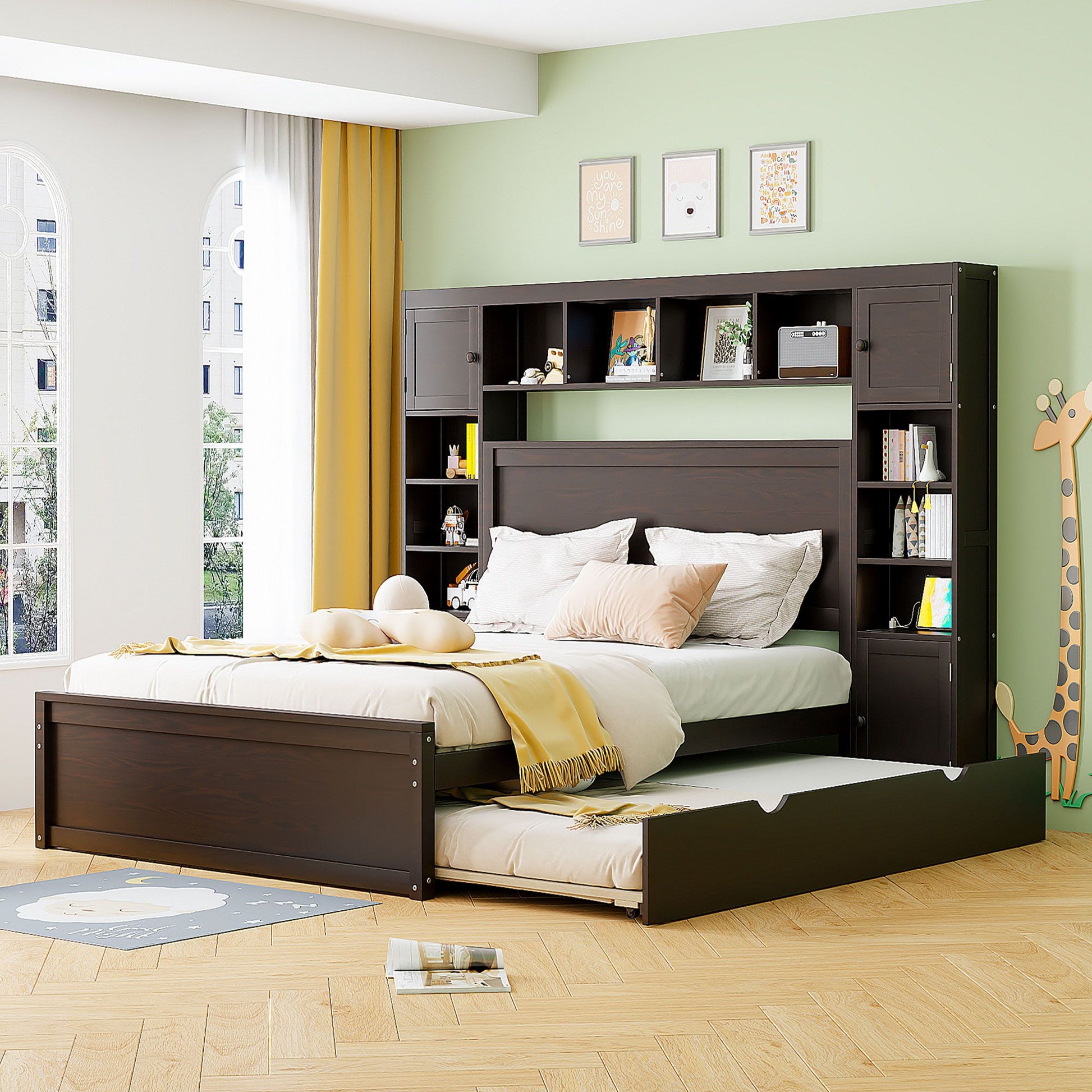 Queen Size Wooden Bed With All-in-One Cabinet, Shelf and Sockets,Twin XL Trundle,Espresso image 1