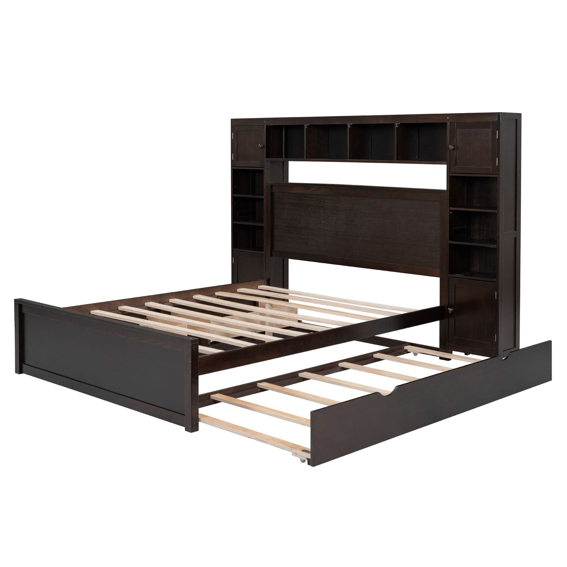 Queen Size Wooden Bed With All-in-One Cabinet, Shelf and Sockets,Twin XL Trundle,Espresso image 8