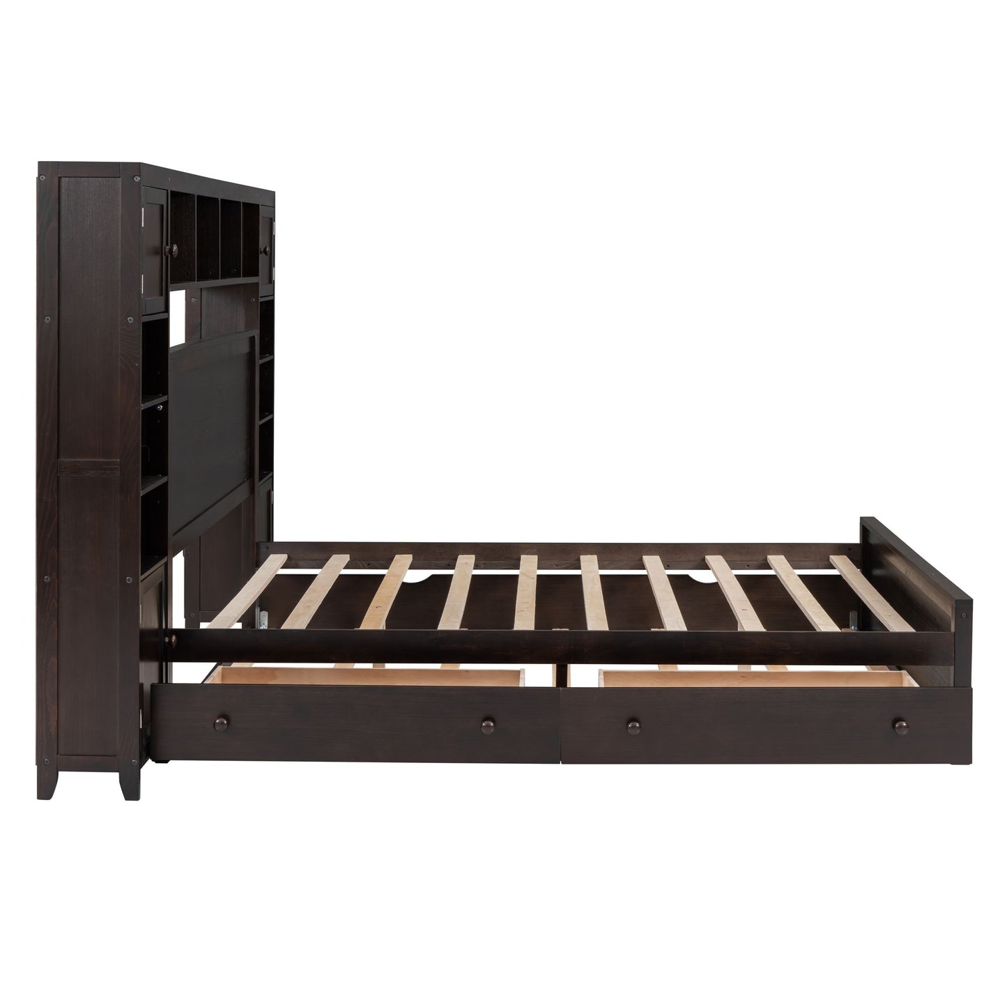 Queen Size Wooden Bed With All-in-One Cabinet, Shelf and Sockets,Twin XL Trundle,Espresso image 5