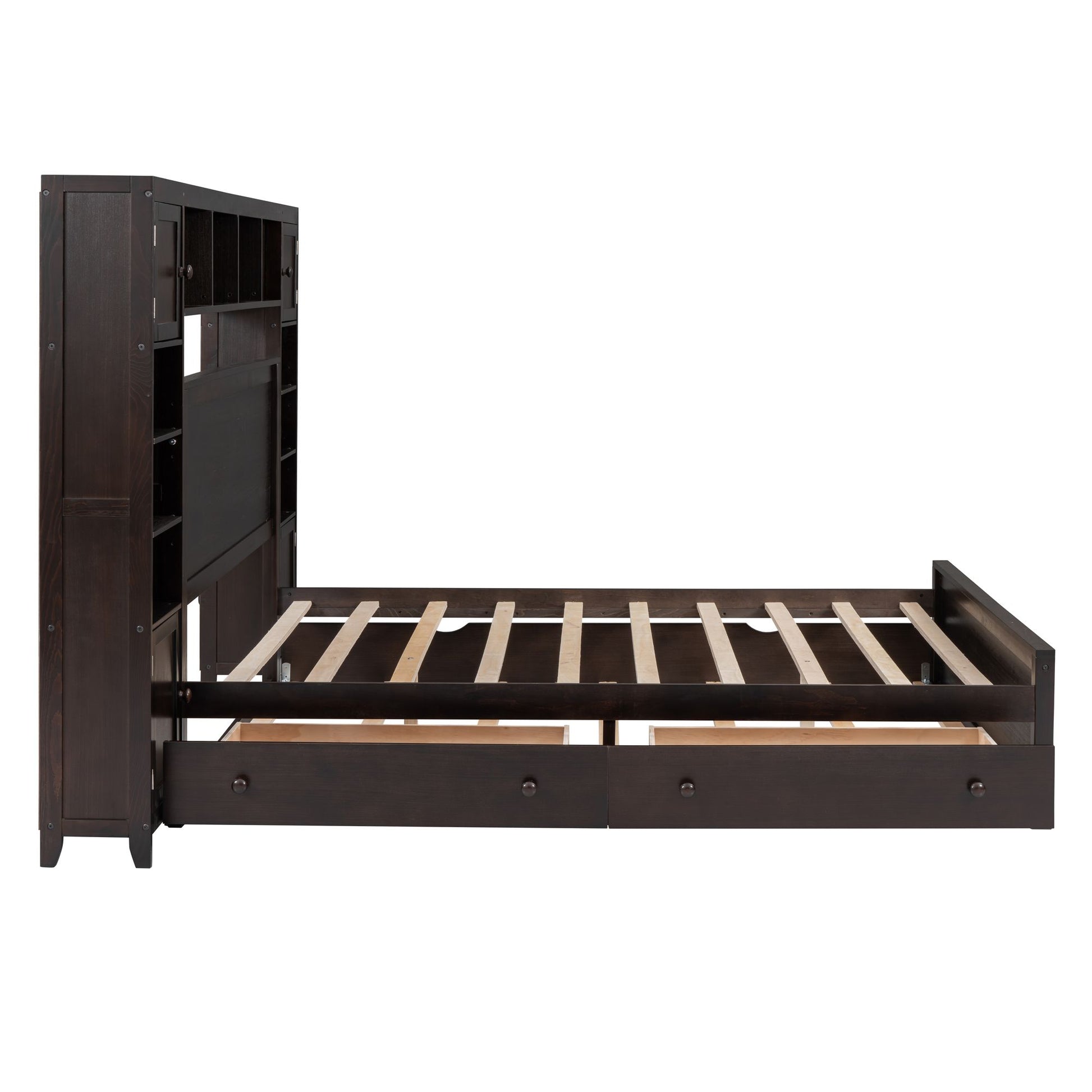 Queen Size Wooden Bed With All-in-One Cabinet, Shelf and Sockets,Twin XL Trundle,Espresso image 5
