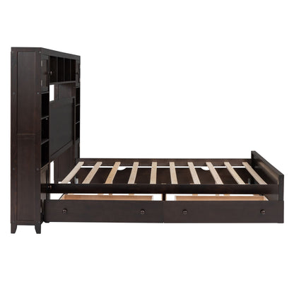 Queen Size Wooden Bed With All-in-One Cabinet, Shelf and Sockets,Twin XL Trundle,Espresso image 5
