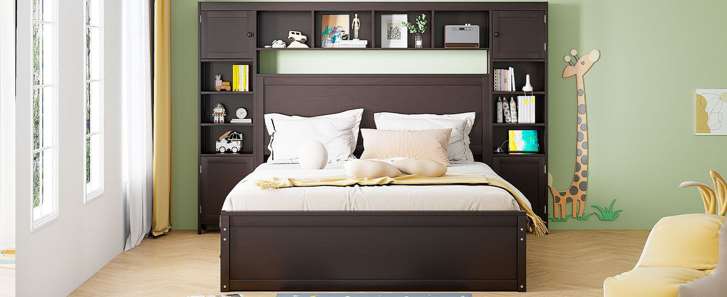 Queen Size Wooden Bed With All-in-One Cabinet, Shelf and Sockets,Twin XL Trundle,Espresso image 18