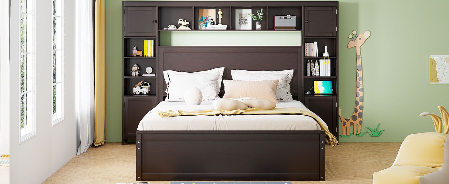 Queen Size Wooden Bed With All-in-One Cabinet, Shelf and Sockets,Twin XL Trundle,Espresso image 18