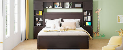Queen Size Wooden Bed With All-in-One Cabinet, Shelf and Sockets,Twin XL Trundle,Espresso image 18