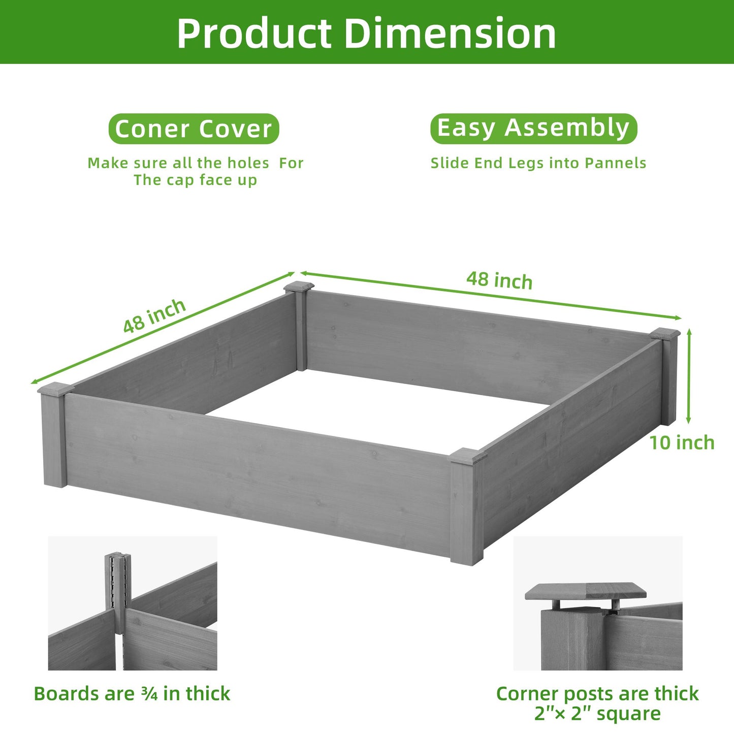 Raised Garden Bed 48x48x10'', Outdoor Wood Planter Box Over Floor, Tool-Free Assembly image 6