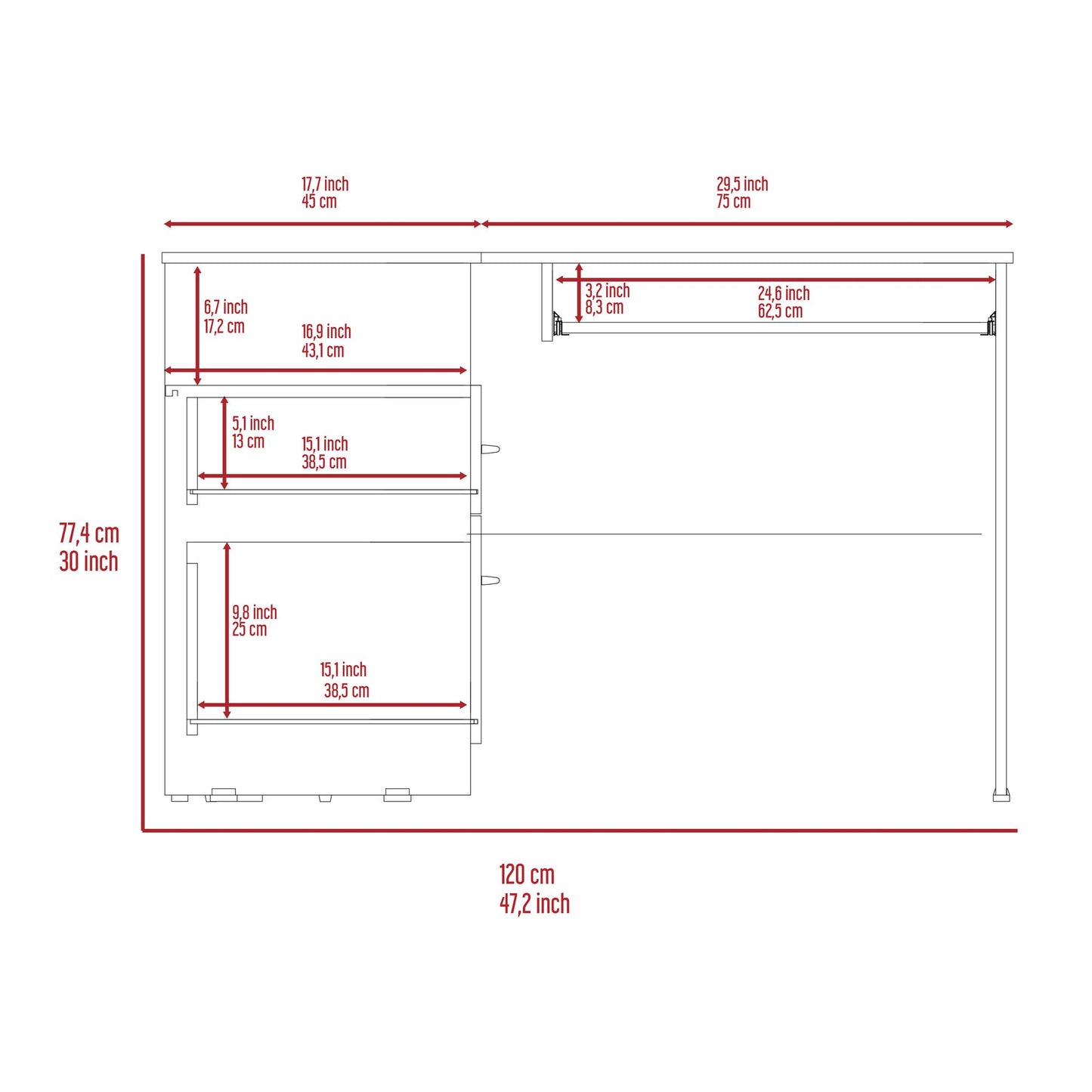 Raleigh L-Shaped Desk, Two Drawers, One Shelf, CPU Storage image 4