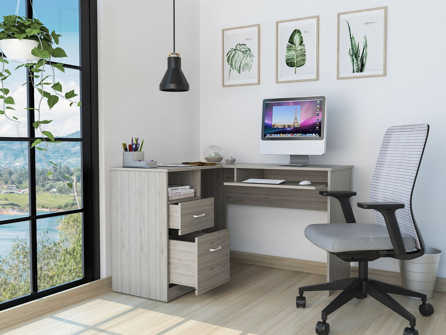 Raleigh L-Shaped Desk, Two Drawers, One Shelf, CPU Storage image 5