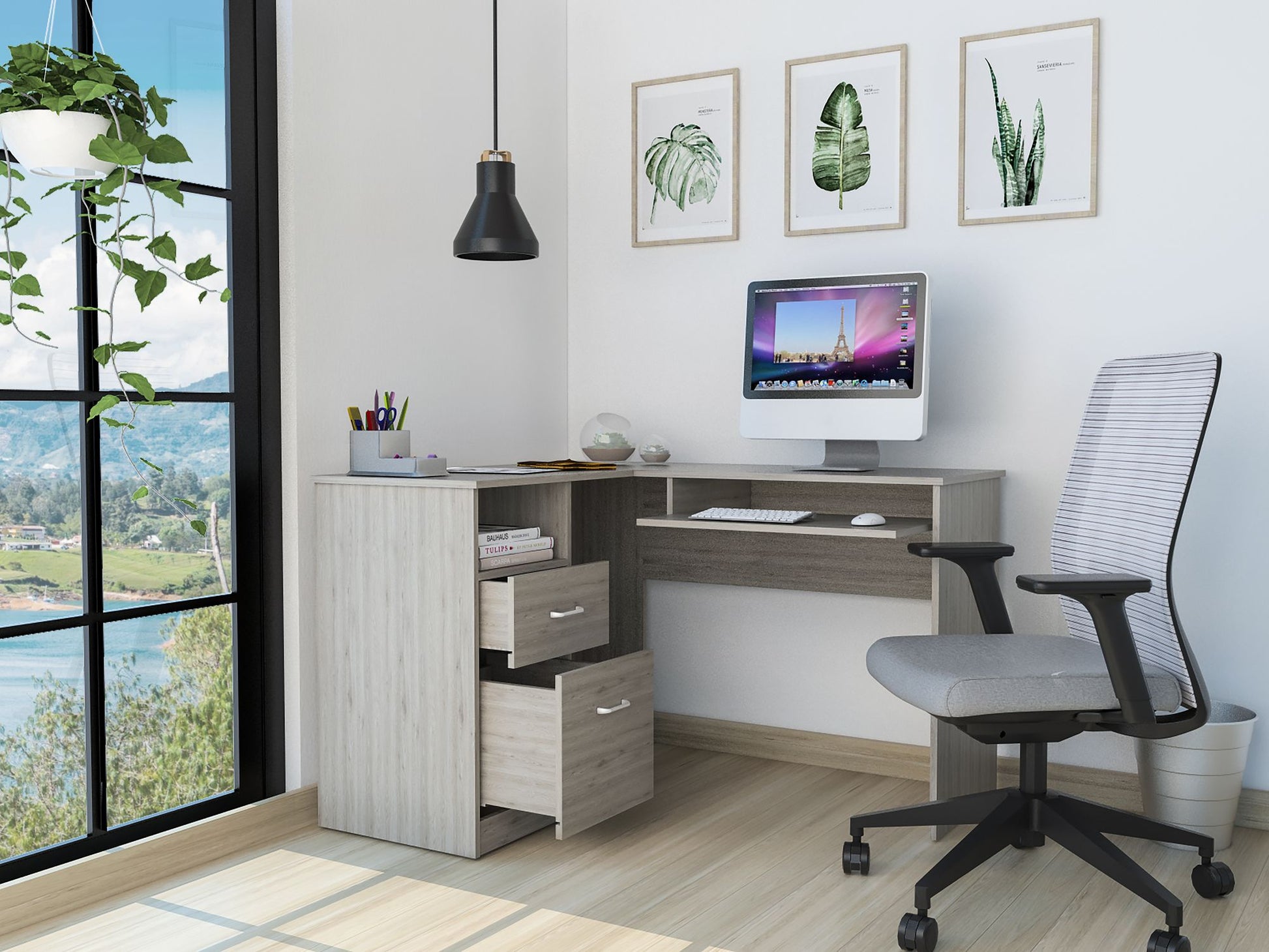 Raleigh L-Shaped Desk, Two Drawers, One Shelf, CPU Storage image 5