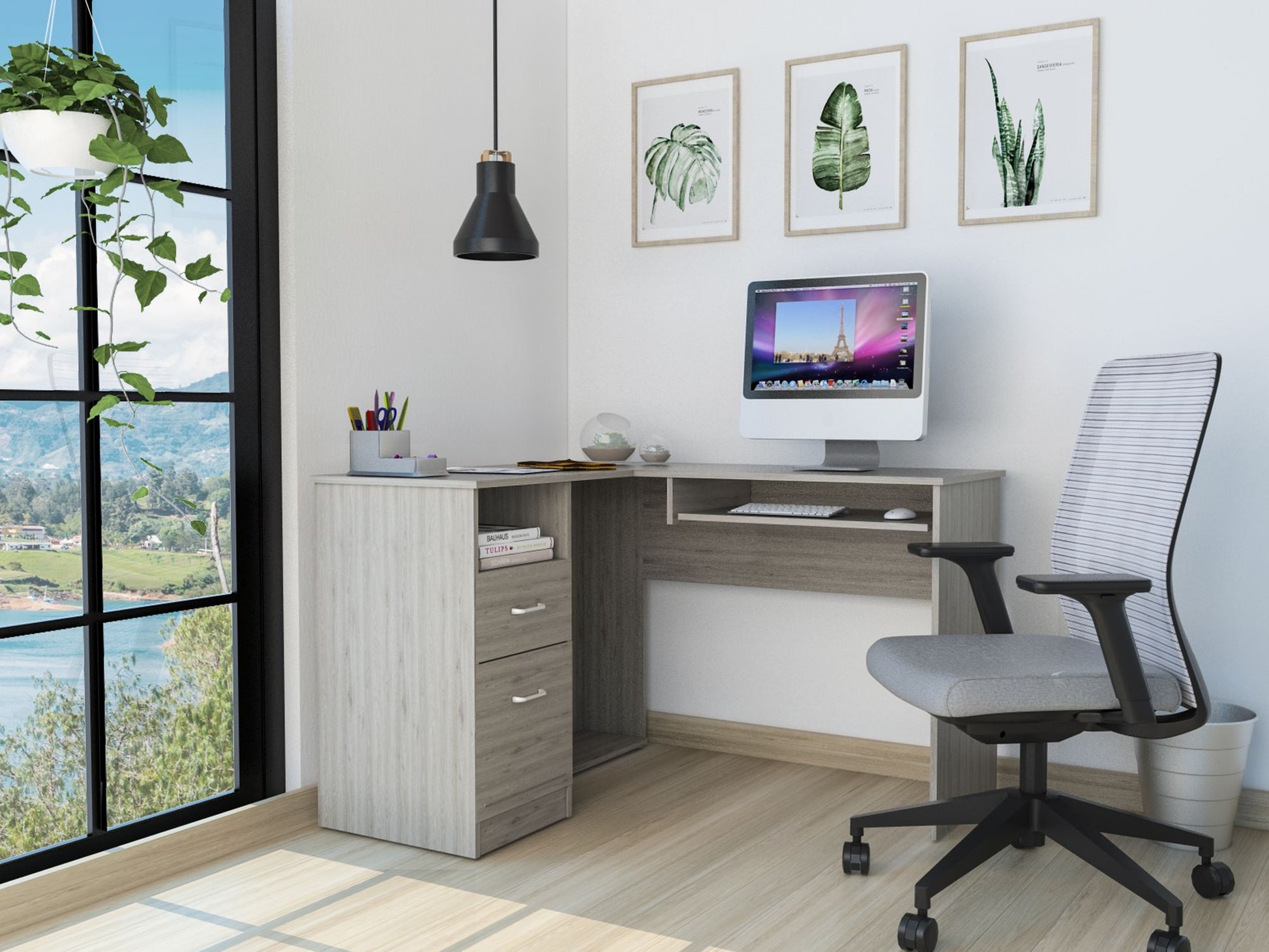 Raleigh L-Shaped Desk, Two Drawers, One Shelf, CPU Storage image 1
