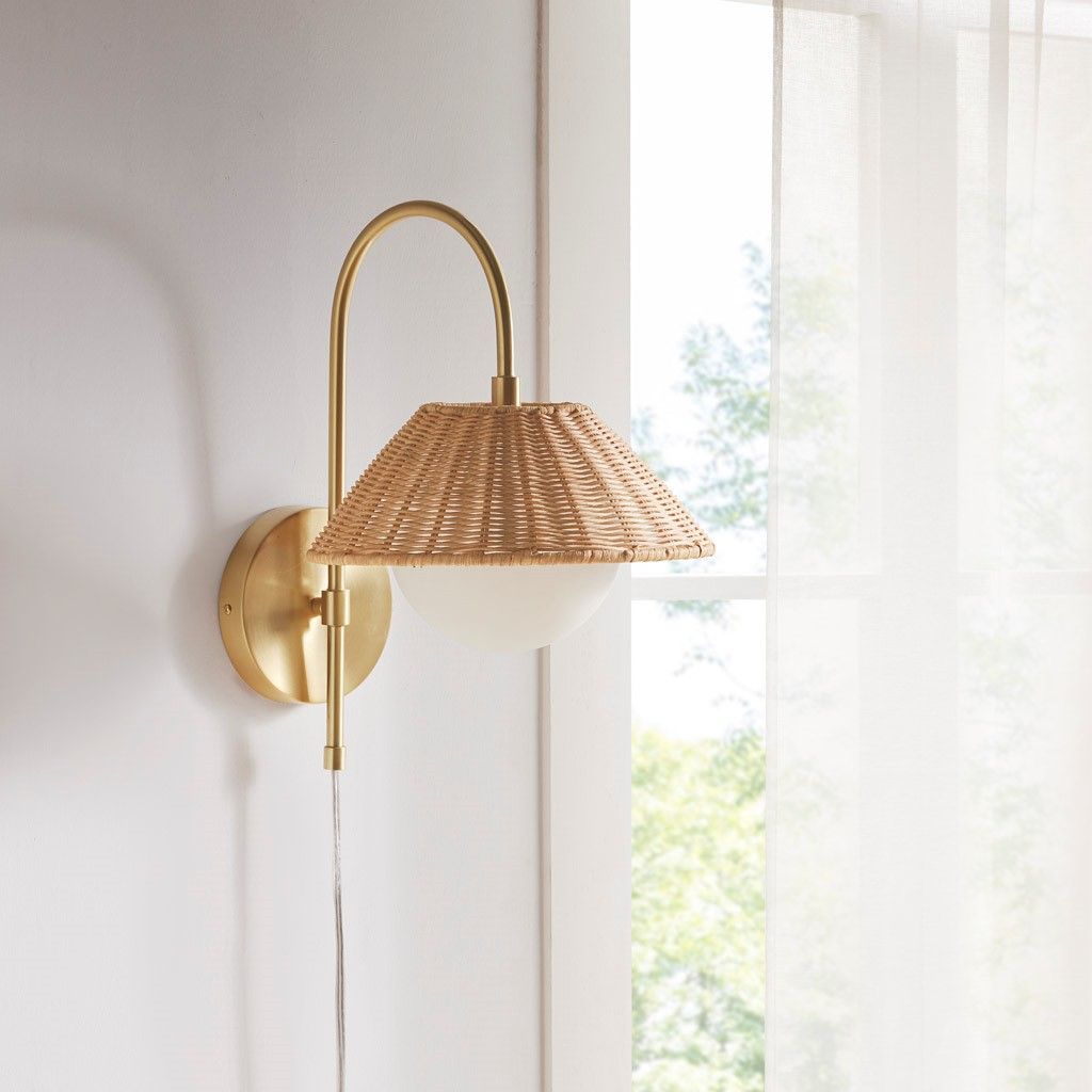 Rattan Weave Wall Sconce gold iron frame natural rattan shade front view