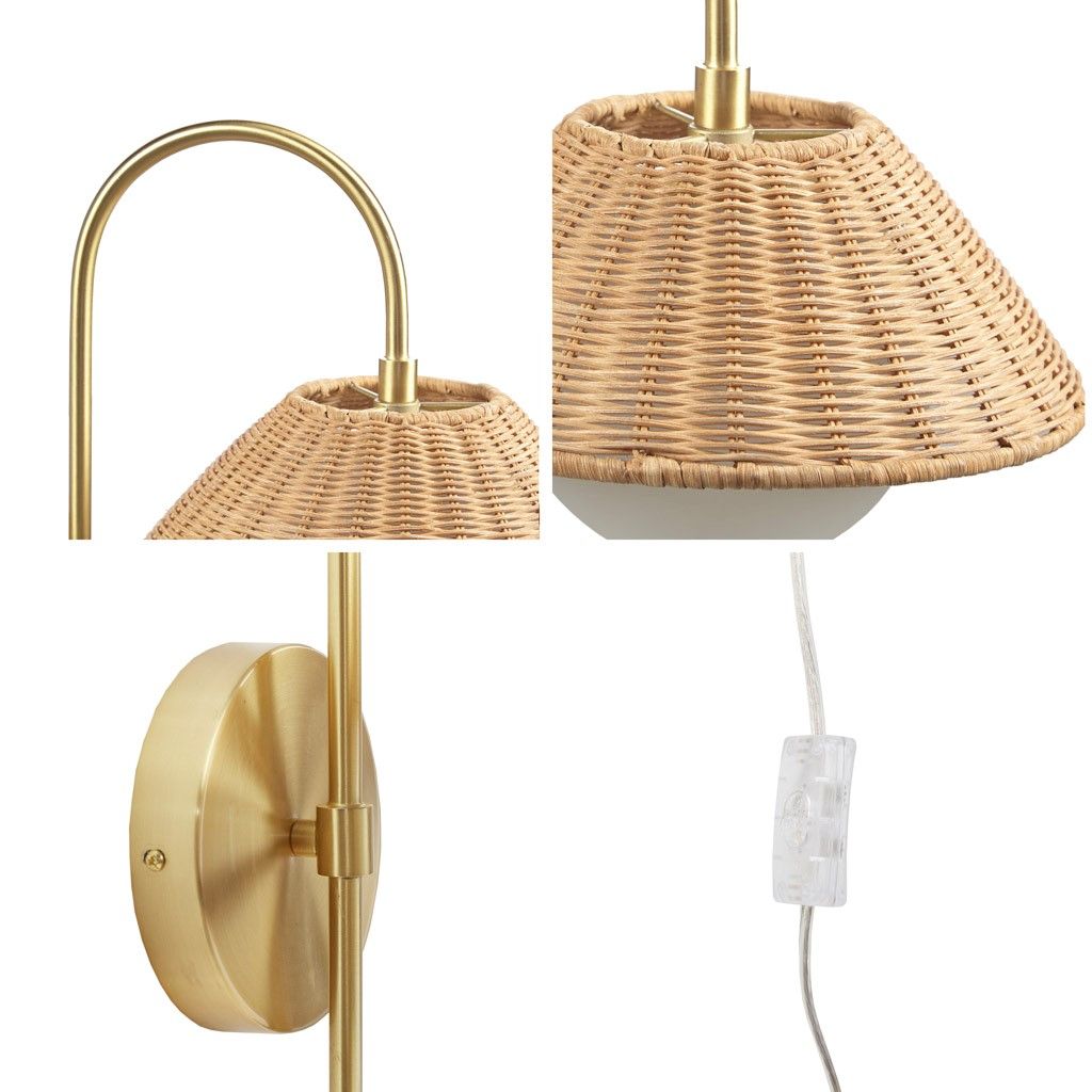 Rattan Weave Wall Sconce frosted globe bulb close up