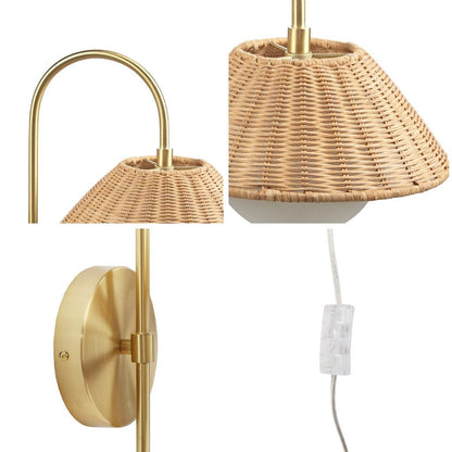 Rattan Weave Wall Sconce frosted globe bulb close up