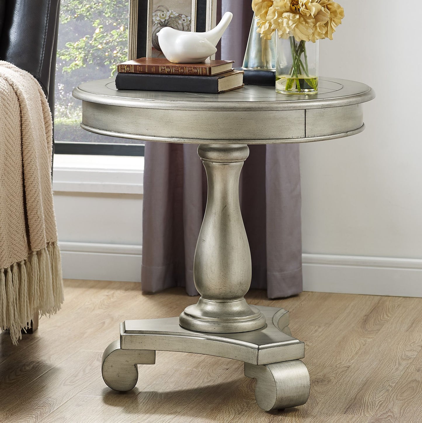 Rene Round Wood Pedestal Side Table, Champagne image 2