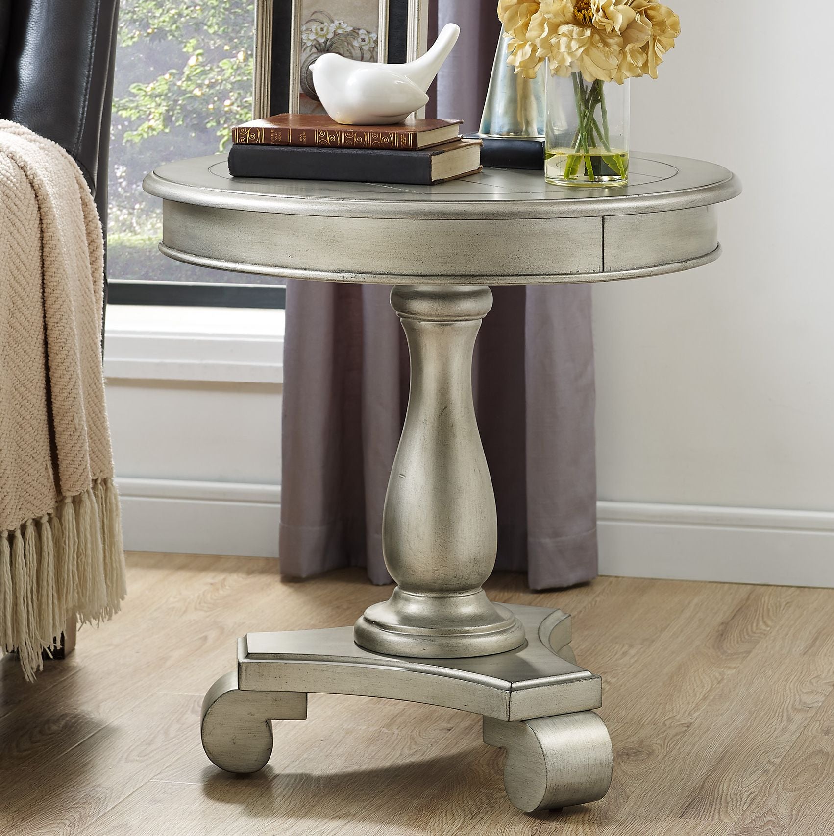 Rene Round Wood Pedestal Side Table, Champagne image 2