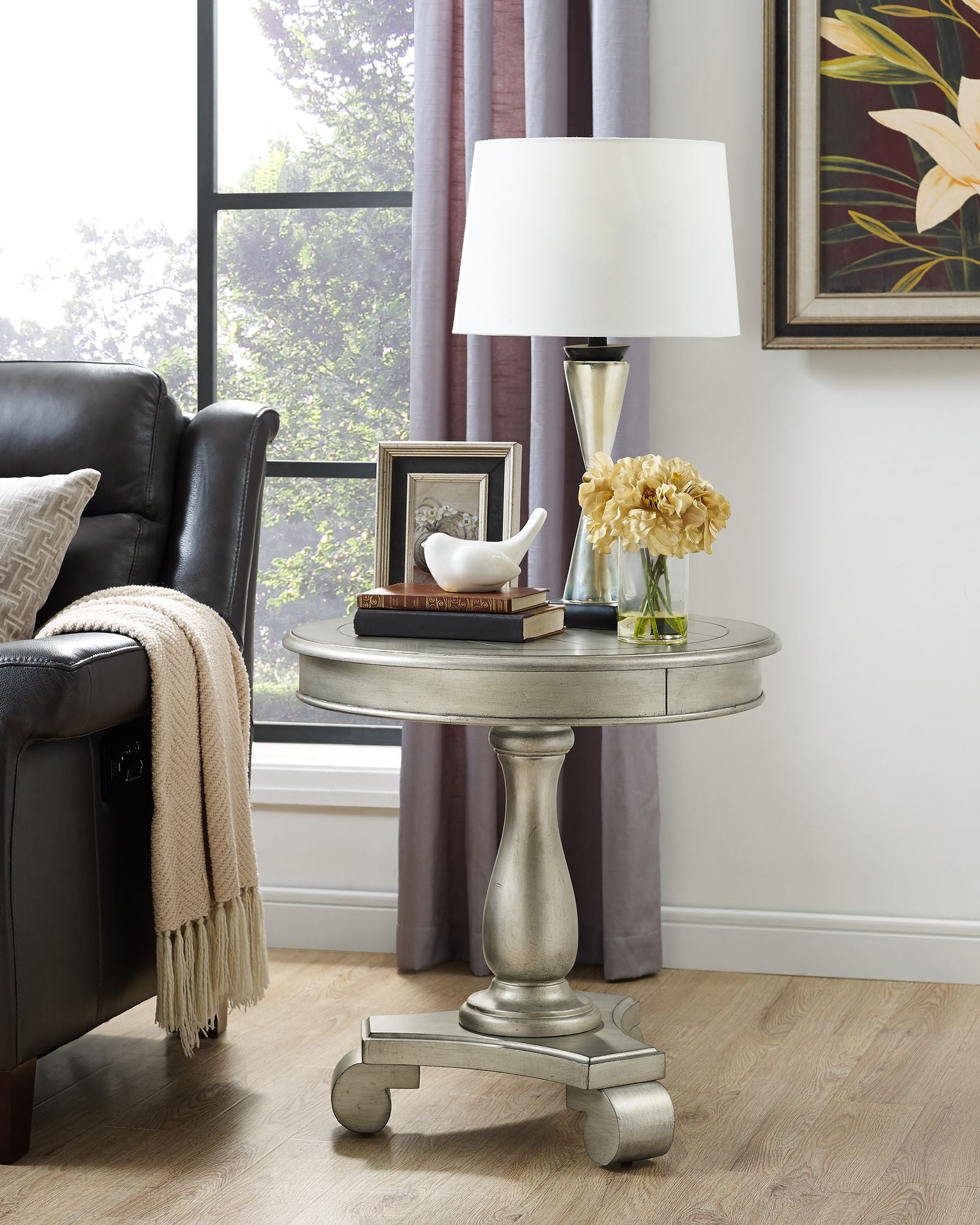 Rene Round Wood Pedestal Side Table, Champagne image 1