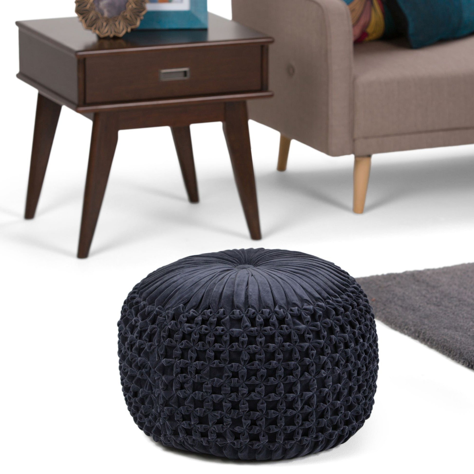 Renee 20 inch Wide Round Pouf in Navy Velvet image 6