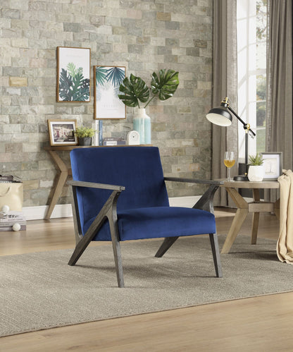 Retro Style Velvet Upholstered Blue Accent Chair 1pc Solid Rubberwood Antique Gray Finish Modern Home Furniture image 1