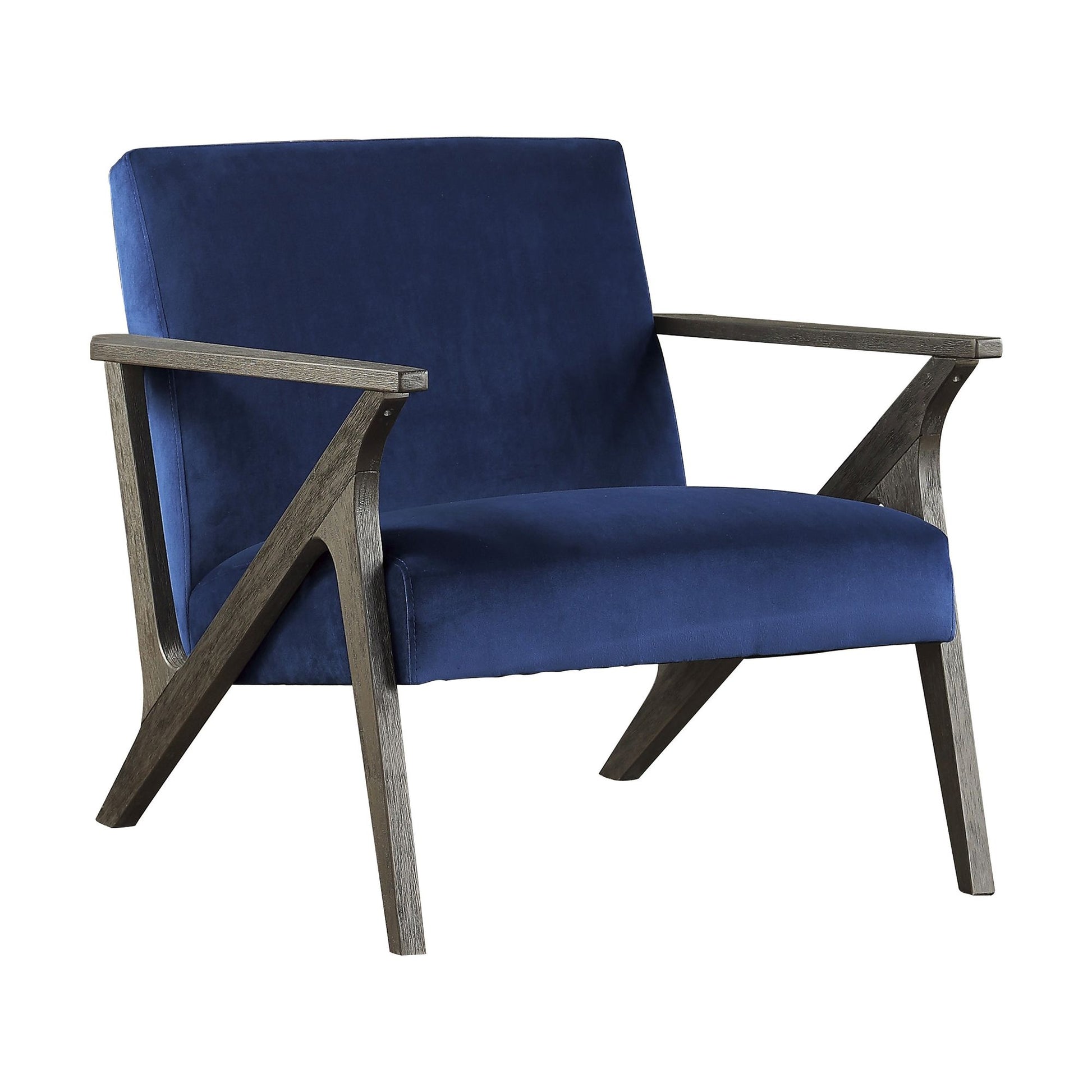 Retro Style Velvet Upholstered Blue Accent Chair 1pc Solid Rubberwood Antique Gray Finish Modern Home Furniture image 2