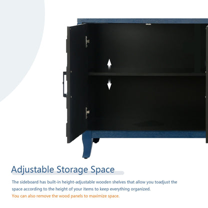 Retroy Vintage 4-Door Credenza Cabinet - 60" Navy Blue Storage Buffet - In Dining Room Setting