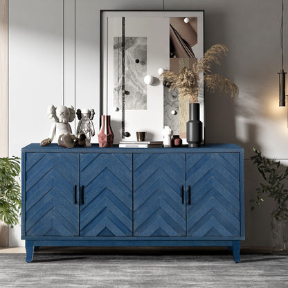 Retroy Vintage 4-Door Credenza Cabinet - 60" Navy Blue Storage Buffet - Open Doors Showing Shelves