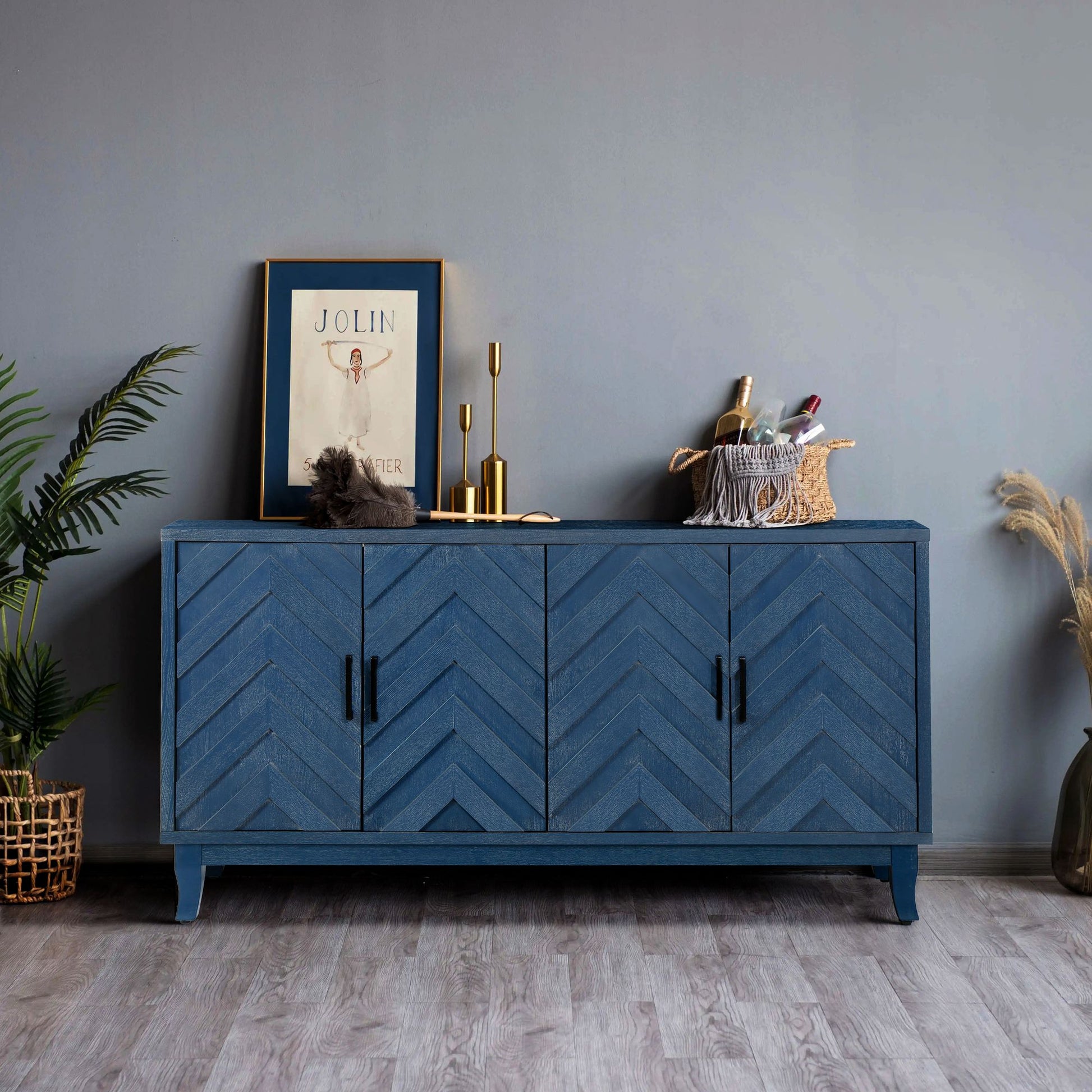 Retroy Vintage 4-Door Credenza Cabinet - 60" Navy Blue Storage Buffet with M-Shaped Panel Doors - Front View
