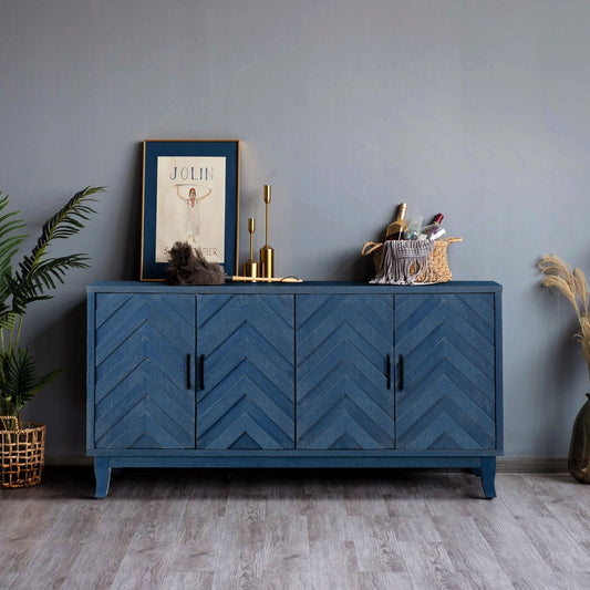 Retroy Vintage 4-Door Credenza Cabinet - 60" Navy Blue Storage Buffet with M-Shaped Panel Doors - Front View