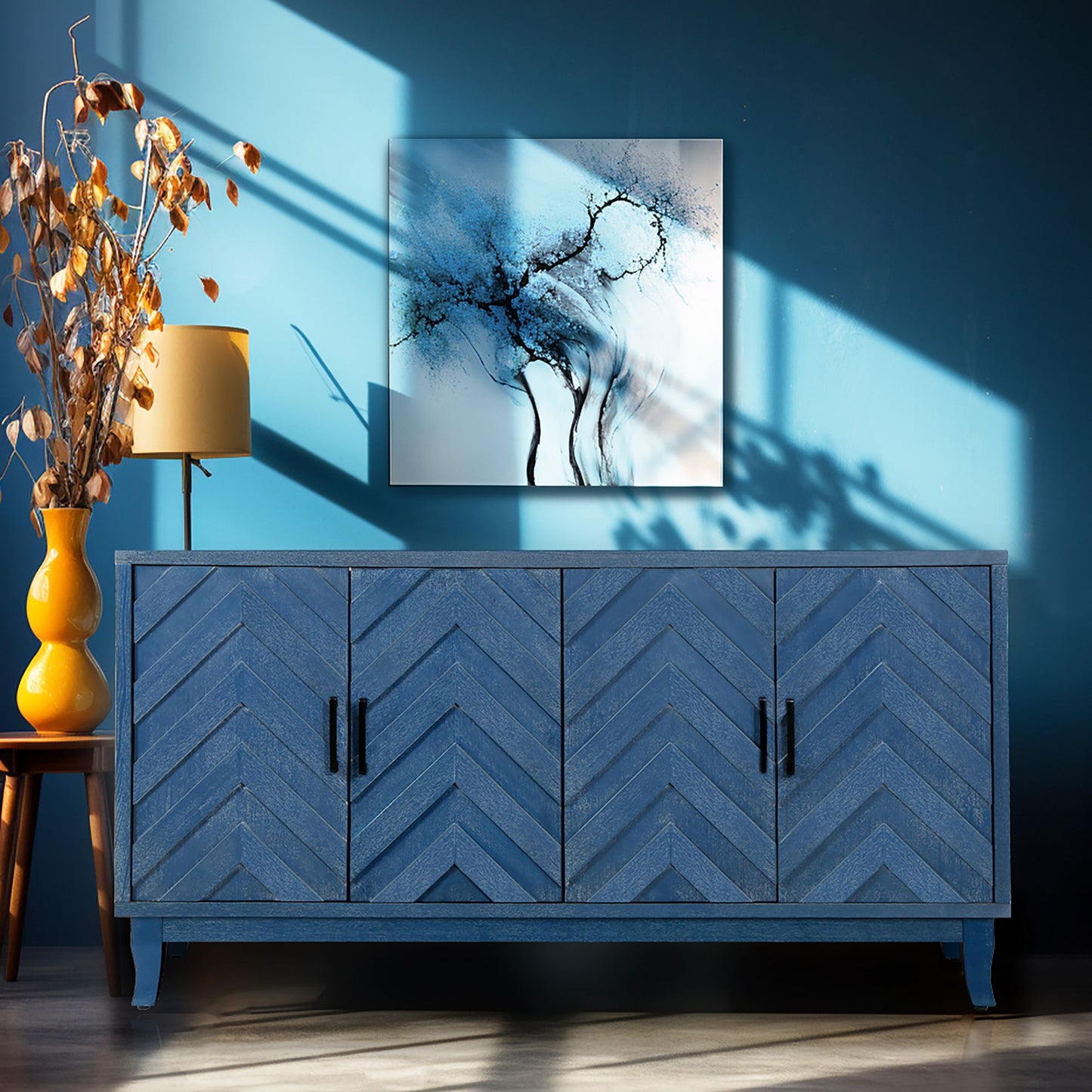 Retroy Vintage 4-Door Credenza Cabinet - 60" Navy Blue Storage Buffet - Detail of M-Shaped Door