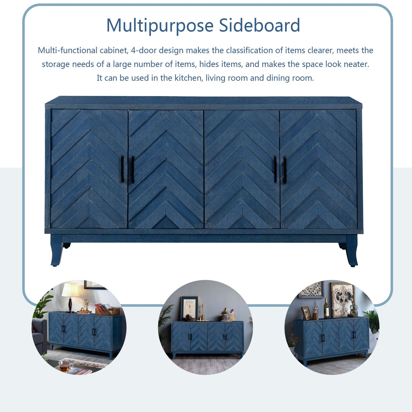 Retroy Vintage 4-Door Credenza Cabinet - 60" Navy Blue Storage Buffet - Packaging