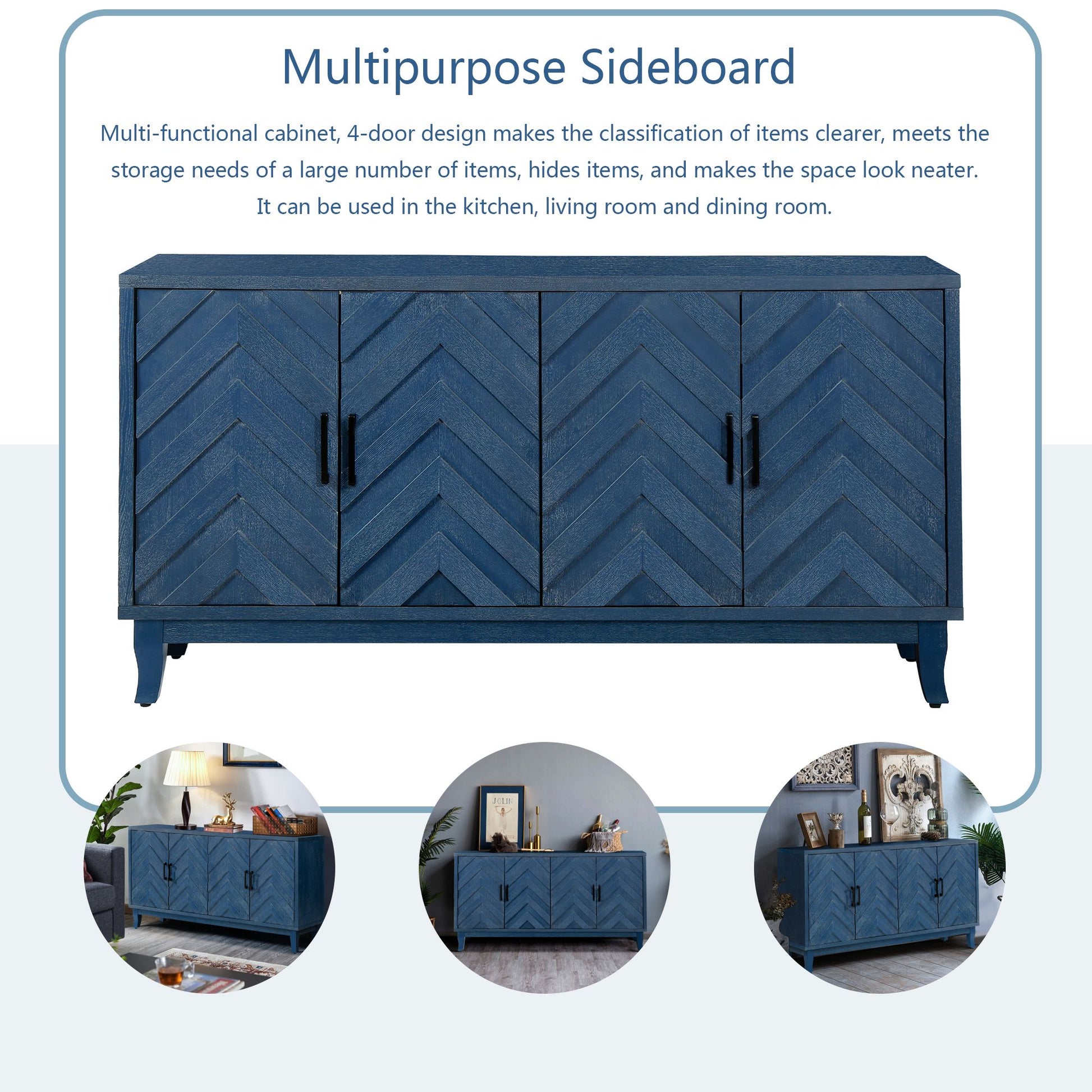 Retroy Vintage 4-Door Credenza Cabinet - 60" Navy Blue Storage Buffet - Packaging
