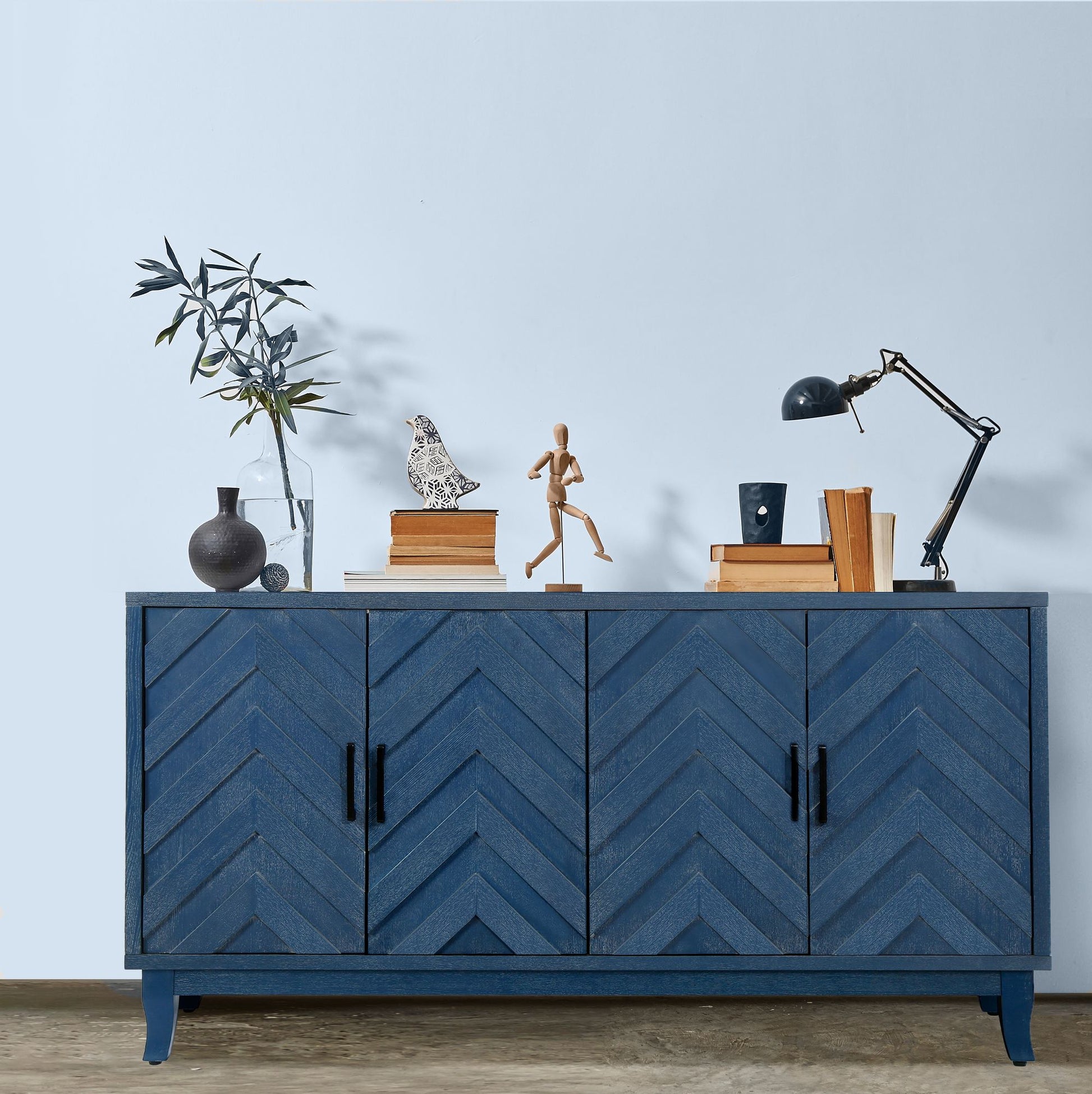 Retroy Vintage 4-Door Credenza Cabinet - 60" Navy Blue Storage Buffet - Side View