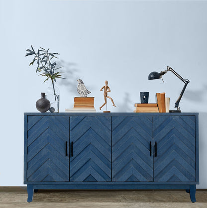Retroy Vintage 4-Door Credenza Cabinet - 60" Navy Blue Storage Buffet - Side View