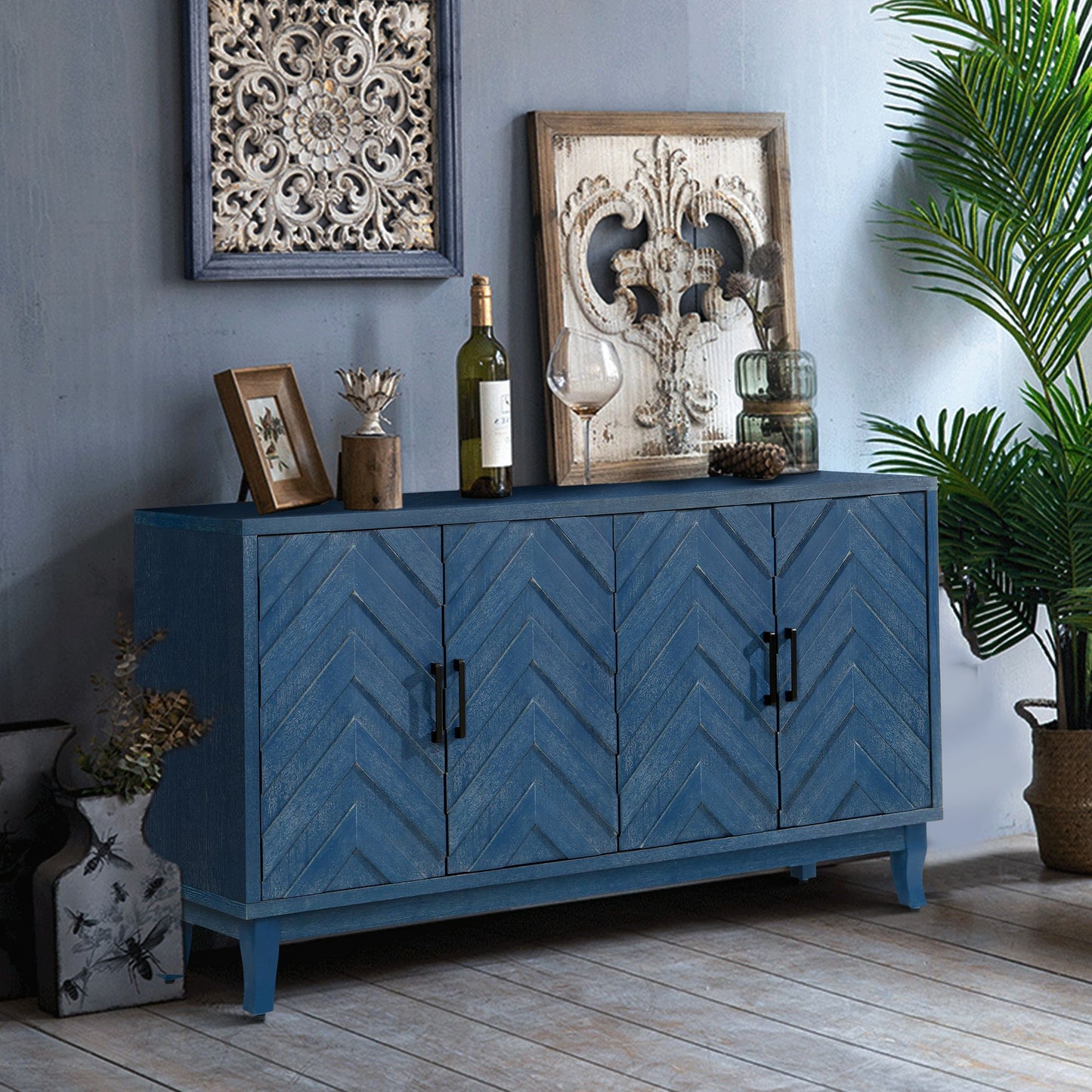 Retroy Vintage 4-Door Credenza Cabinet - 60" Navy Blue Storage Buffet - Interior Shelf Adjustment