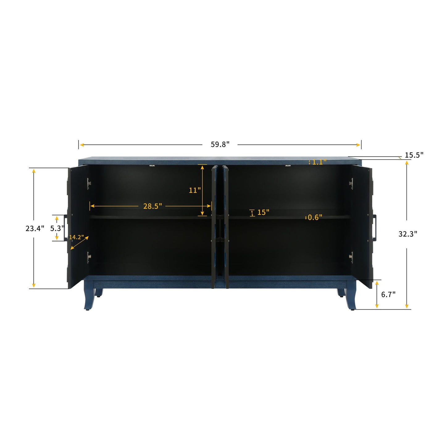 Retroy Vintage 4-Door Credenza Cabinet - 60" Navy Blue Storage Buffet - With Decor Items