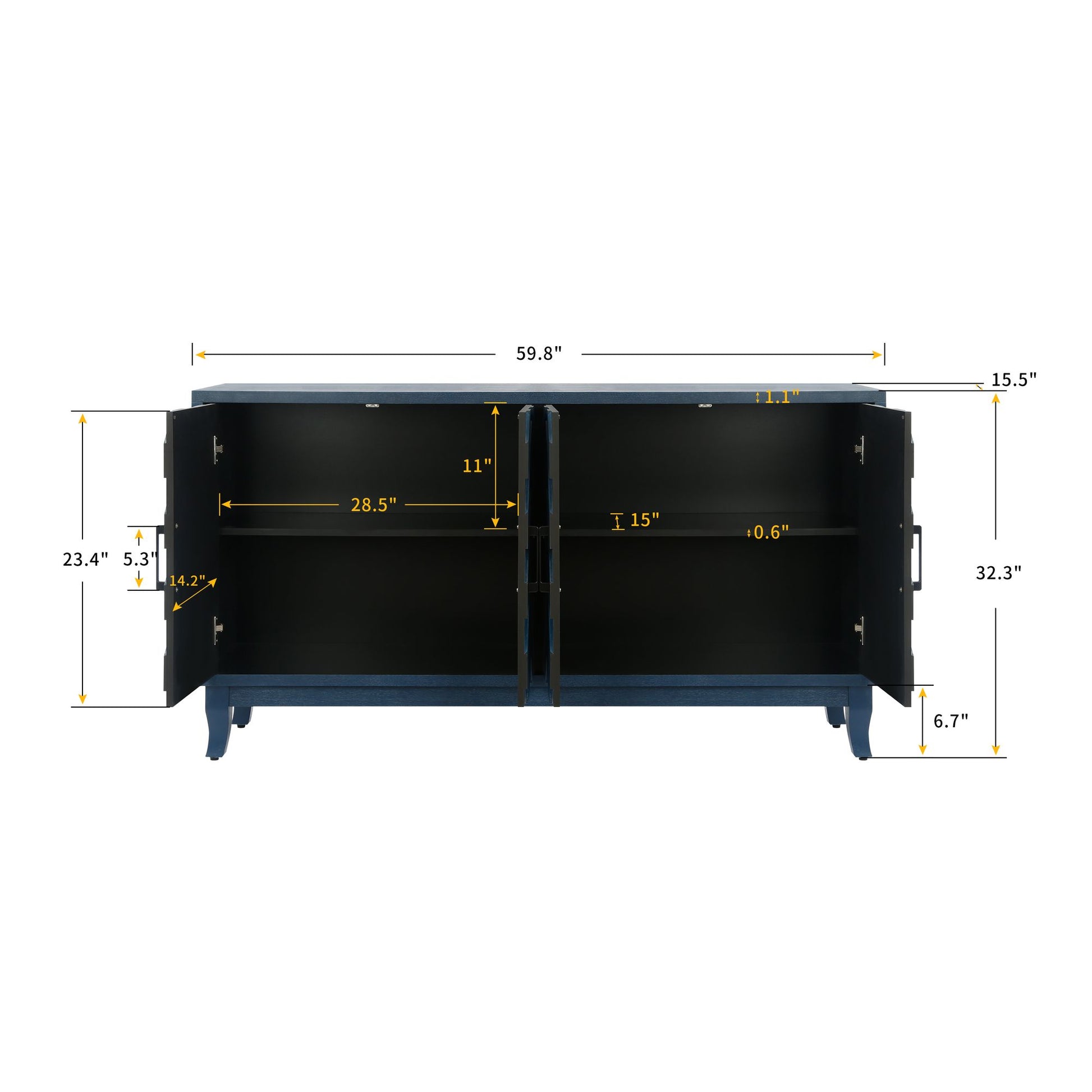 Retroy Vintage 4-Door Credenza Cabinet - 60" Navy Blue Storage Buffet - With Decor Items