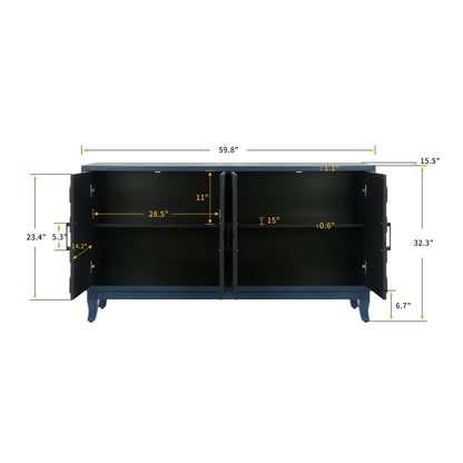 Retroy Vintage 4-Door Credenza Cabinet - 60" Navy Blue Storage Buffet - With Decor Items