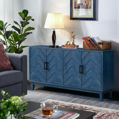 Retroy Vintage 4-Door Credenza Cabinet - 60" Navy Blue Storage Buffet - Angle View