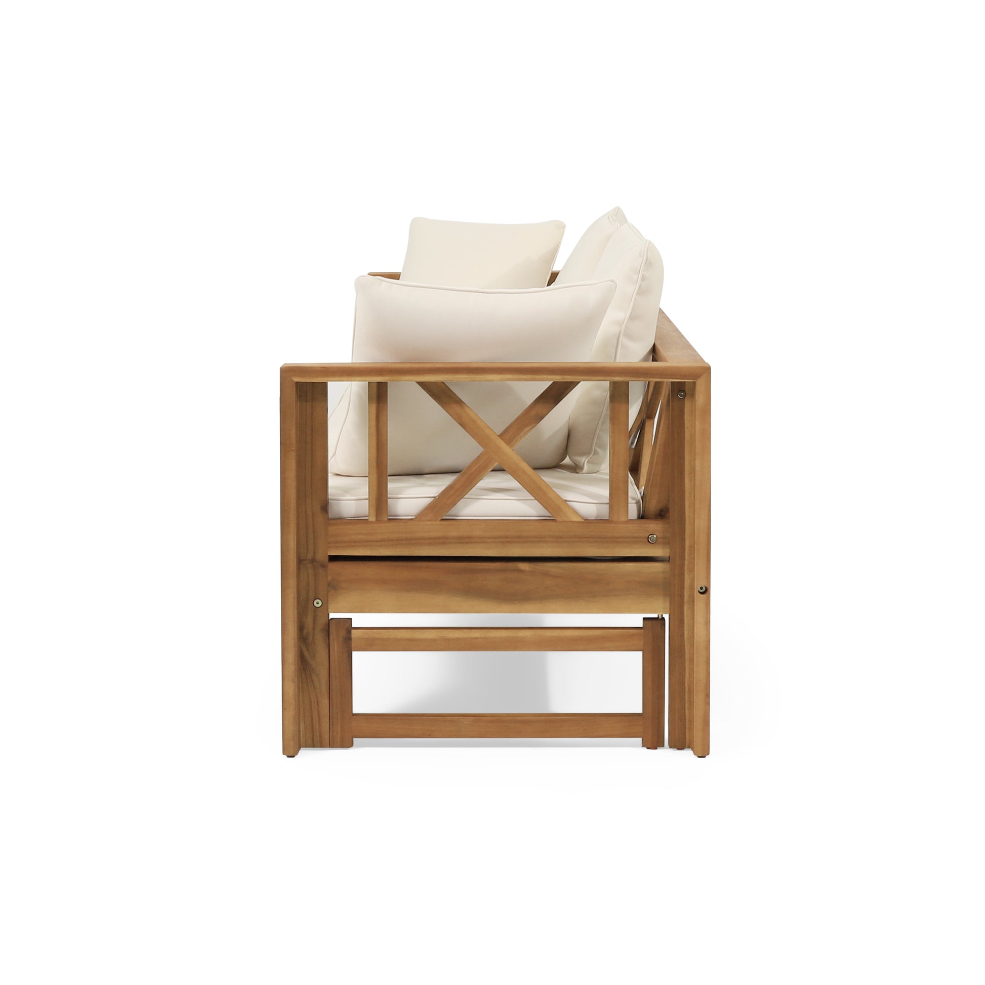 Outdoor Extendable Acacia Wood 3 Seater Sofa, Upholstered Cushion Couch, Daybed Sofa Chair, Spacious Seating Lounge Chair, Patio Daybed Sofa for Garden Yard image 9