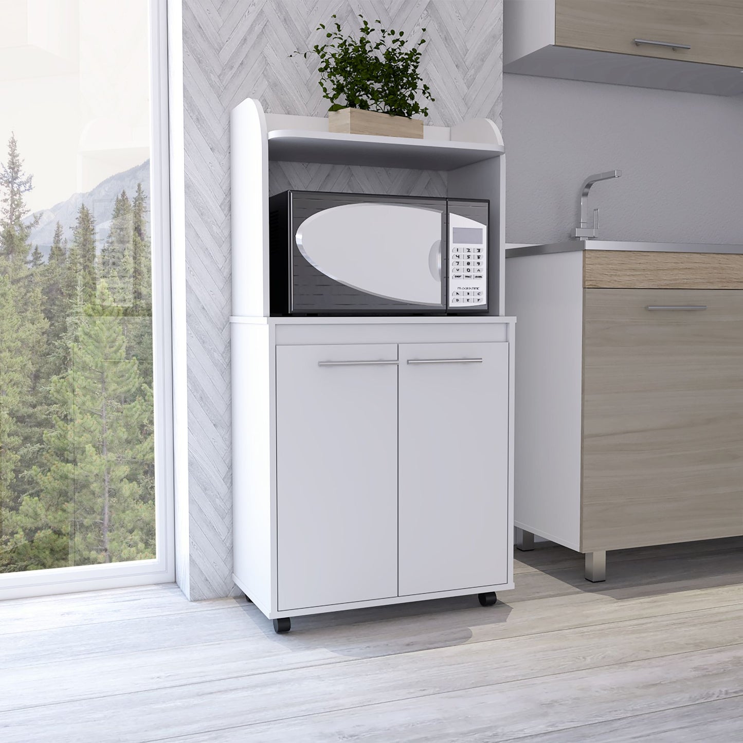 Rockford Kitchen Cart, Open Shelf, Double Door Cabinet, Two Interior Shelves image 3