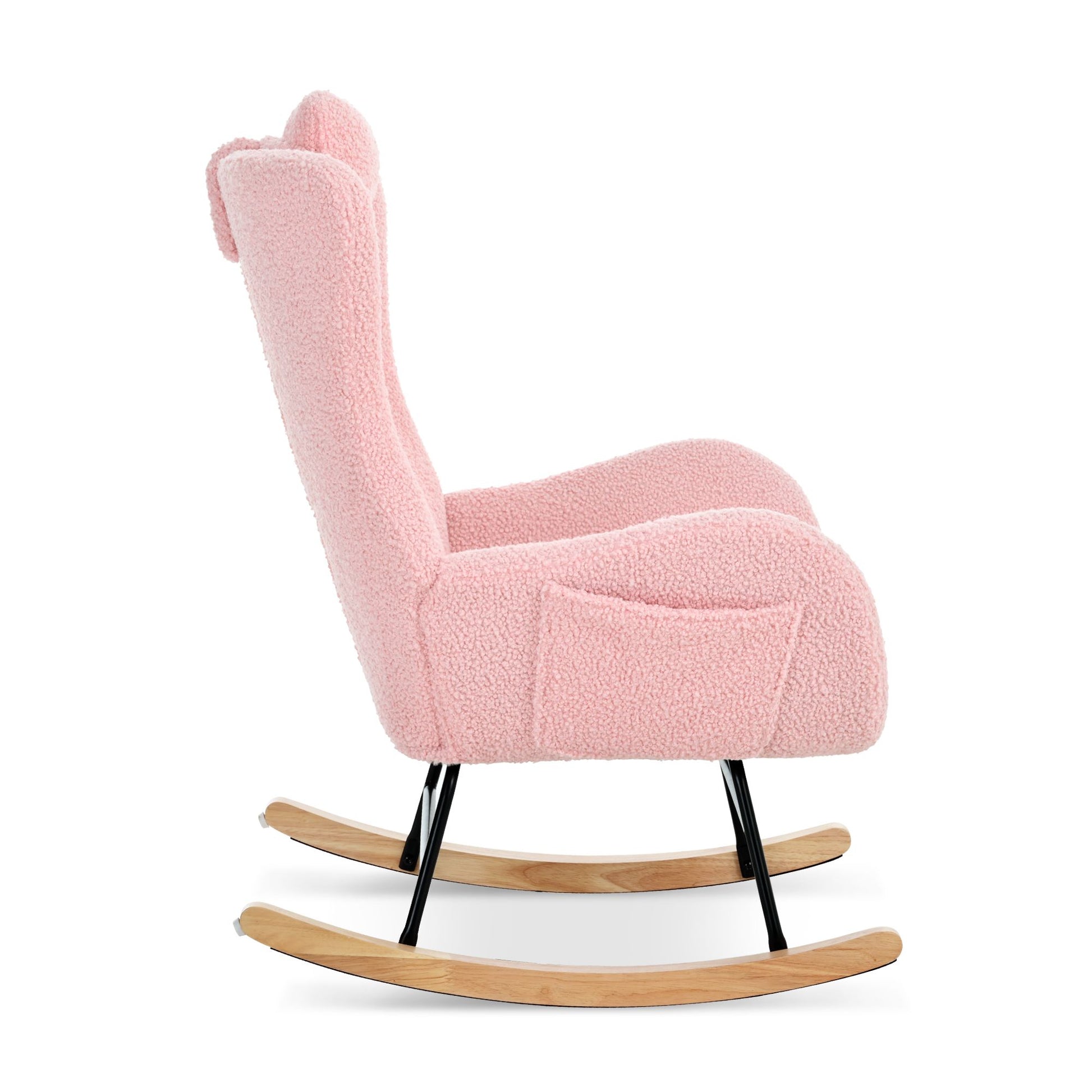 Rocking Chair Nursery, Teddy Upholstered Rocker Glider Chair with High Backrest, Adjustable Headrest & Pocket, Comfy Gli image 8